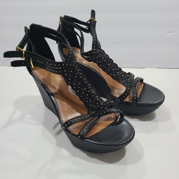 Lauren Ralph Lauren Quanita Elegant Black Wedge Sandals Sz.8 B 4 In.heel - Picture 1 of 6